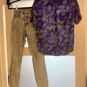Purple Floral Rayon shirt and acid wash jeans 90’s vibe (jeans size 6 / Med top)